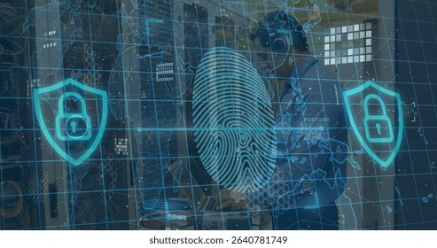 Projecting holographic fingerprint floating over data center, with shield locks and server racks. Cybersecurity, innovation, technology, digital, protection, network, infrastructure