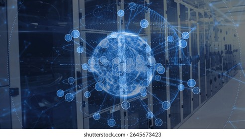 Projecting holographic globe with network nodes in data center corridor, with server racks and LEDs. Technology, network, futuristic, digital, visualization, infrastructure, innovation