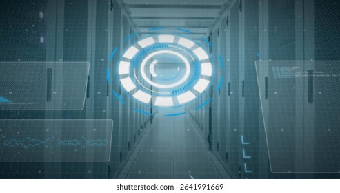 Projecting holographic interface floating at data center corridor, with server racks and HUD panels. Technology, cyberspace, futurism, digital, innovation, cybersecurity, clean