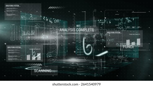 Projecting holographic interface hovering in virtual data space, with bar graphs and code blocks. Technology, futurism, digital, data visualization, cybersecurity, innovation, interface