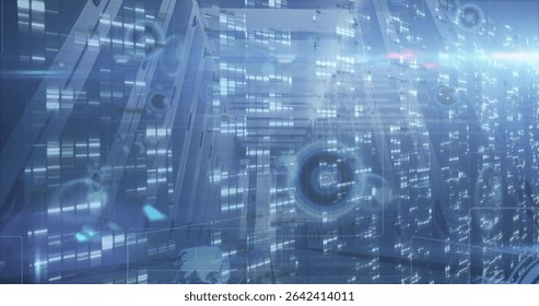Projecting light trails and holographic HUD displays at tech facility with translucent data panels. Futuristic, cybernetic, immersive, sleek, technological, digital, abstract
