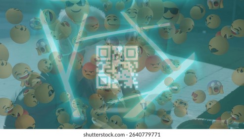 Projecting neon-green QR code on sidewalk, swirling emojis around person in fur coat, sunglasses. Futuristic, urban, hologram, digital, technology, entertainment, vibrant - Powered by Shutterstock - Get 15% off with code: PIKWIZARD15