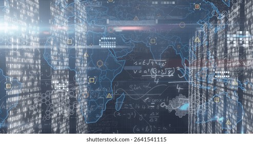 Projecting network visualization over server racks in server room, with binary code and world map. Technology, cybersecurity, data, analytics, digital, infrastructure, innovation - Powered by Shutterstock - Get 15% off with code: PIKWIZARD15
