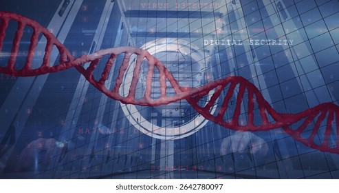 Projecting red DNA double helix floating above server racks at data center with grid security text. Cybersecurity, data protection, futuristic, technology, digital infrastructure, innovation, network