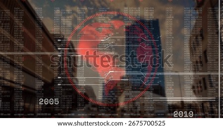 Projecting red globe interface over street with towers, data overlays, nodes and 2005-19 timeline. Futuristic, urban, digital, technology, data visualization, high-rise, innovation