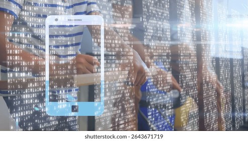 Projecting smartphone hologram with binary code on tall desk in office, father and son using tablet. Hologram, technology, innovation, collaboration, futuristic, workspace, digital