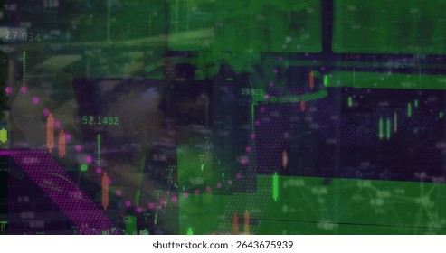 Projecting stock candlestick charts numeric labels and trend lines over office desks and monitors. Financial, technology, data, analytics, modern, innovative, corporate