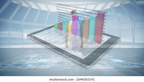 Projecting tablet computer showing holographic bar chart in modern atrium with world map projection. Technology, data visualization, futuristic, analytics, innovation, corporate, digital environment