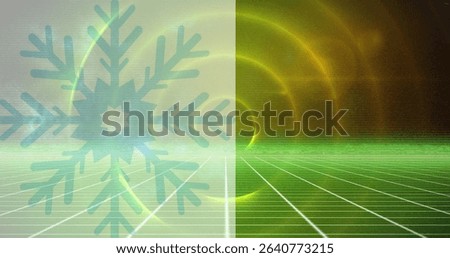 Projecting translucent aqua snowflake over sci-fi plane with neon green grid floor and golden rings. Futuristic, abstract, digital, neon, geometric, cyberpunk, sleek