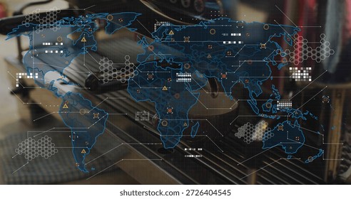 Projecting translucent blue world map overlay over office desk, showing laptop keyboard and headset. Geospatial, visualization, globe, hexagon, grid, data, analytics
