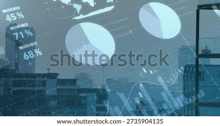 Projecting translucent data overlay covering urban district, with pie charts, percent labels, crane. Cityscape, skyline, visualization, dashboard, analytics, bluegray, futuristic