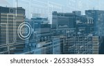 Projecting translucent data panels displaying line charts and circular gauges over urban skyline. Futuristic, technology, data visualization, urban, innovation, digital, smart city
