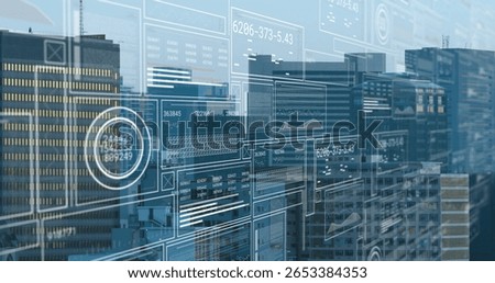 Projecting translucent data panels displaying line charts and circular gauges over urban skyline. Futuristic, technology, data visualization, urban, innovation, digital, smart city