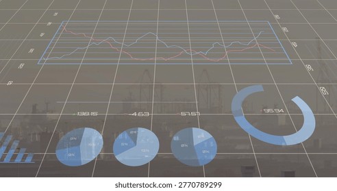 Projecting translucent data visuals across harbor port with grid plane line chart pie charts cranes. Visualization, analytics, industrial, dockside, silhouettes, readouts, technological - Powered by Shutterstock - Get 15% off with code: PIKWIZARD15