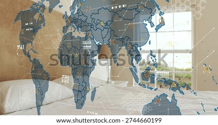 Projecting translucent digital world map overlay spanning bedroom, showing bed, lamp, window. Network, grid, dataflow, visualization, minimalist, futuristic, daylight