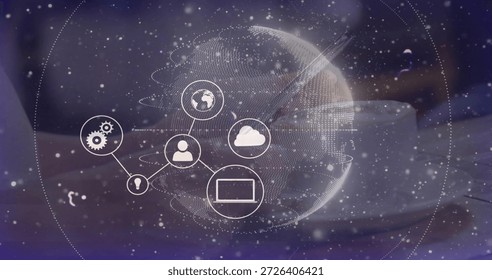 Projecting translucent dotted 3D globe hologram with linked network icons over table with white cup. Sphere, data, visualization, gears, symbols, bokeh, purple