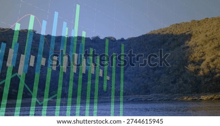 Projecting translucent financial chart over river and tree-covered hillside, with candlesticks. Riverscape, overlay, doubleexposure, datavisualization, gridlines, shoreline, woodland