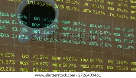 Projecting translucent grid of financial ticker symbols and percent on wooden desk, with coffee mug. Matrix, neon, dataflow, ceramic, handle, cup, tabletop