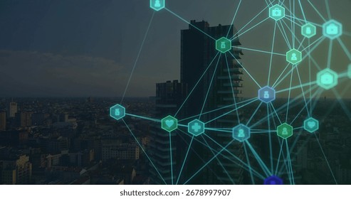 Projecting translucent network overlay above city skyline at dusk, with glowing lines and hex icons. Futuristic, technology, urban, connectivity, innovation, cyber, networking