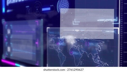 Projecting translucent panels displaying world map, HUD with progress and waveform at control room. Holographic, neon, futuristic, screens, analytics, datapoints, interface - Powered by Shutterstock - Get 15% off with code: PIKWIZARD15