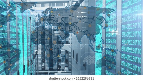 Projecting transparent network overlay across data center server racks, with binary code streams. Technology, cybersecurity, digital, infrastructure, innovation, connectivity, futuristic