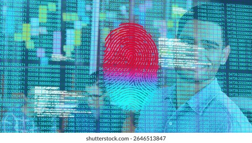 Projecting two-tone fingerprint hologram over code streams in blue-lit lab, with masked technician. Biometric, cybersecurity, futuristic, technology, precision, innovation, analysis