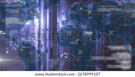 Projecting world map overlay with network nodes and code snippets over server racks in data center. Digital, connectivity, futuristic, technology, cyber, abstract, network