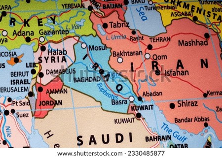 Projection onto the territory of the continent and the country. Mosul, Halab, Amman, Damascus, Isfahan, Mashhad, Shiraz, Qom, Tehran, Adana, Beirut, Basra, Baghdad