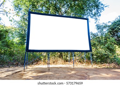 Projection Screen In The Garden, Outdoor Movies, Outdoor Movie Theater With Blank Screen.