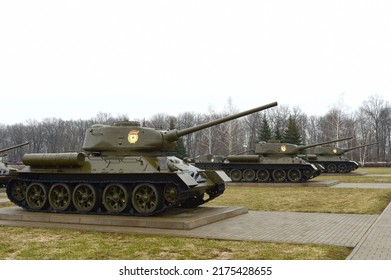 PROKHOROVKA, RUSSIA - MARCH 23, 2017:Soviet T-34 medium tanks in the State Military History Museum-Reserve "Prokhorov Field"
