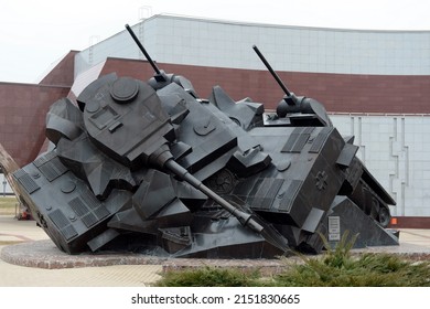 PROKHOROVKA, RUSSIA - MARCH 23, 2017:The sculptural composition Tank battle at Prokhorovka  Taran. Located Near a museum commemorating the battle.