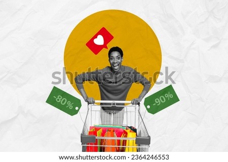 Promo banner collage of crazy happy young woman go mall center push cart mega super sale -80 -90 percent isolated on white paper background