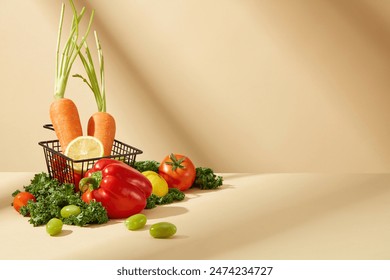 The promotion photo of vegetable theme from front angle over yellow texture, a black basket containing carrot and lemon, surrounded by lettuce, bell pepper and tomato decoration, space for text - Powered by Shutterstock