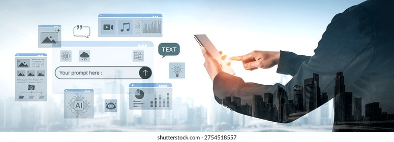 Prompt driven AI interface enabling text, image vision, audio and media video data neural asset and tool in smart creation chat workspace edit. Future NLP AI native visual reasoning omni model. Corpus