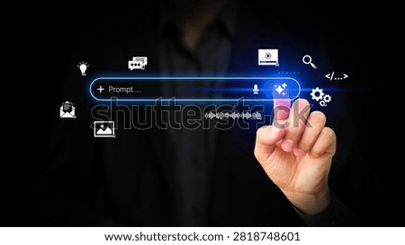 Prompt Engineering, Generative Content Tools. Digital Creator Interacting with Prompt Bar on Virtual Screen. AI Tools for Image, Video, Text, Voice, Code. Smart Artificial Intelligence Search Engine.