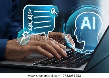 Prompt engineering and optimization. Instruction design for large language models. Businessman using generative AI on laptop computer.