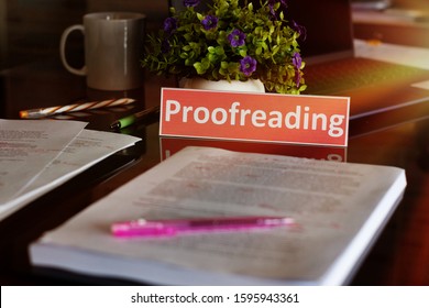 proofreading English card over blurred text on black table