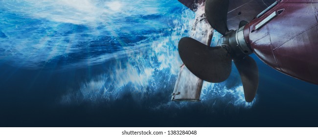 Propeller and rudder of big ship underway from underwater. Close up image detail of ship. Transportation industry. Freight transportation. Ship repair, underwater survey and shipping business concept - Shutterstock ID 1383284048