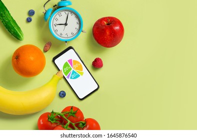 Proper Nutrition Schedule . Healthy Eating Diet Food Diagram Concept. Vegetarian Food. Copy Space.