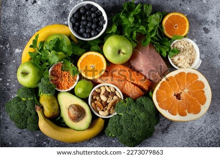 Proper nutrition. Set of healthy foods. Diet and healthy lifestyle concept. Diet and fiber food.