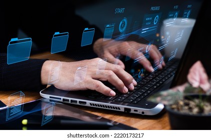 To properly manage files, knowledge, and documentation in an ERP-enabled company, use a Document Management System (DMS), an online documentation database. The use of technology by corporations - Shutterstock ID 2220173217