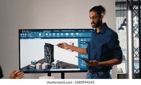 Property developer leads the planning session with 3D models for details and zoning regulations, focusing on site development and infrastructure growth for housing and urban development.