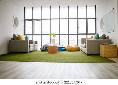 Property, Interior And Real Estate Living Room With Modern Design And Zen Atmosphere, Bright Showroom With Window. Comfort, Funky And Relax In Empty Living Space, Comfortable Furniture And Cosy Space