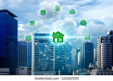 property investment icons over the Network connection on property background, Property investment concept. - Shutterstock ID 1224107035