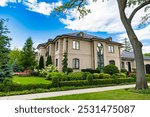 Property in neighborhood. Residential neighborhood house in developed area. Property insurance and real estate. Suburban neighborhood. Private property house. House insurance. Residential community