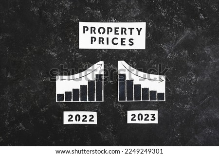 property prices text with 2022 chart showing stats increasing and 2023 graph showing stats decreasing, concept of real estate market plunging