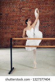 Propper Ballet Technique.full Length Photo. Attractive Girl Shows Developpe, Dancer Reached The Air