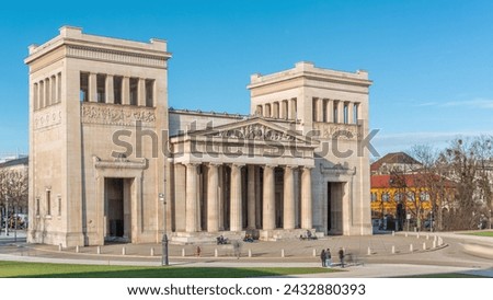 Propylaea or Propylaen timelapse from above. Monumental city gate in Konigsplatz (King's Square), Munich, Germany, Europe. The building in Doric order, evokes the entrance for the Athenian Acropolis