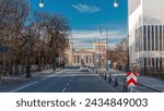 Propylaea or Propylaen timelapse with traffic on Brienner street. Monumental city gate in Konigsplatz (King