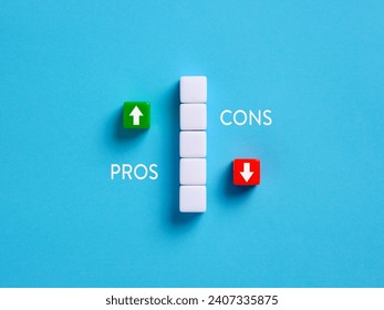 Pros and cons. Decision making and problem analysis. Risk planning. Advantages and disadvantages. Evaluating possible profit and losses. Opposite arrows with the words pros and cons.